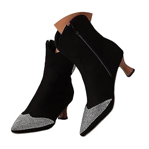 Women Rhinestone Cowboy Boots Glitter Kitten Heel Sparkly Cowgirl Ankle Boots Womens Retro Suede Pointed Toe Mid Heel