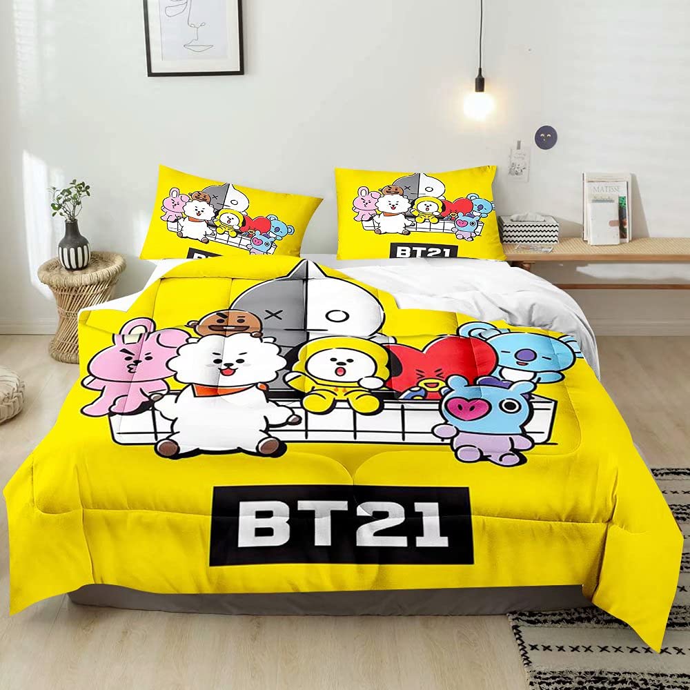 GrimClub BT21 Print Kids Duvet Cover Set Microfiber King Cartoon Anime  Characters Pattern,Super Soft Teen Girls Bedding Sets Lightweight Yellow