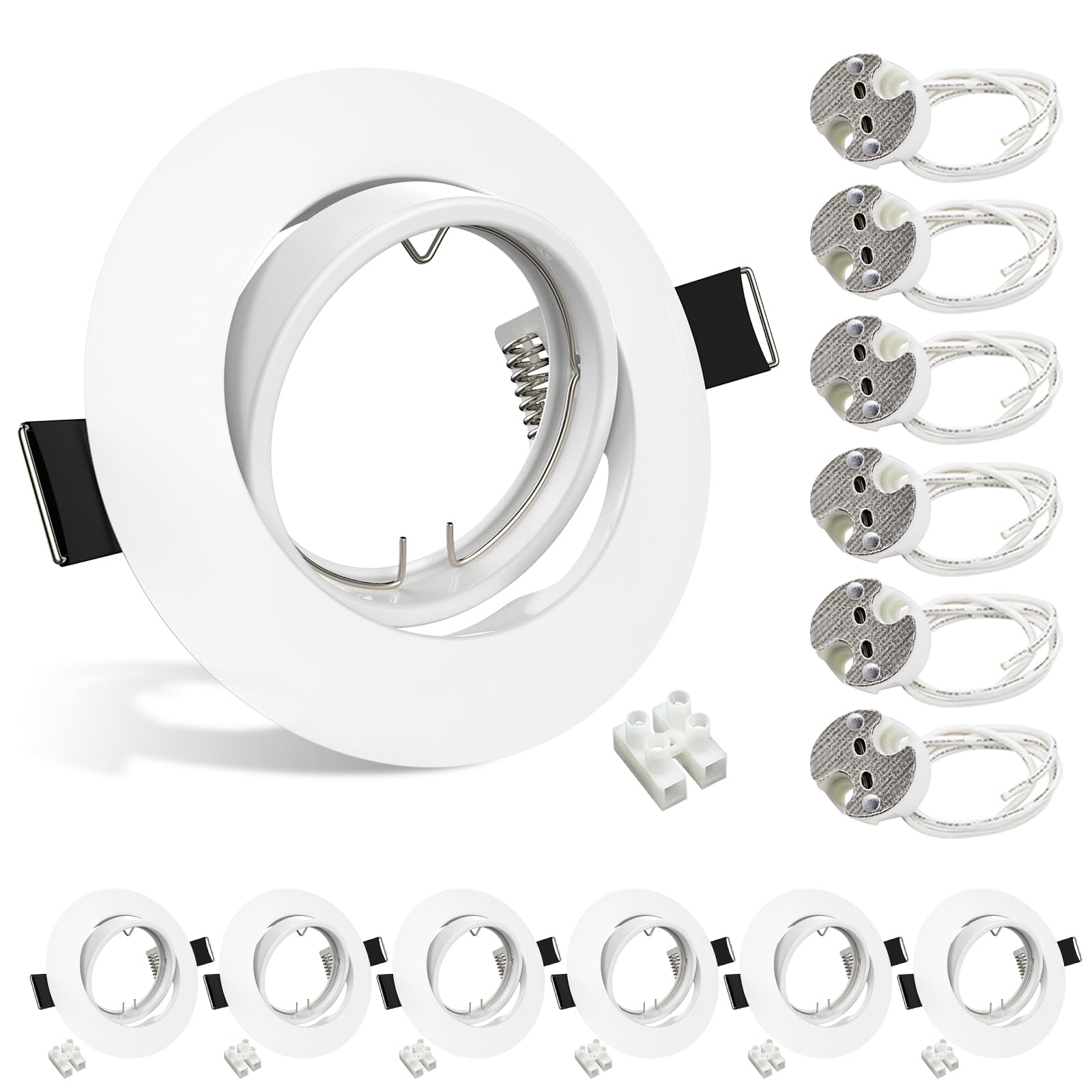 Wondlumi 6X Modern GU5.3 12V Downlights Fitting Round Matt White Finish Mounting Frame for Recessed Ceiling Lights 360° Tilt Swivel Spotlight with GU5.3 Lampholders, Cutout Ø68-80mm, No Bulbs