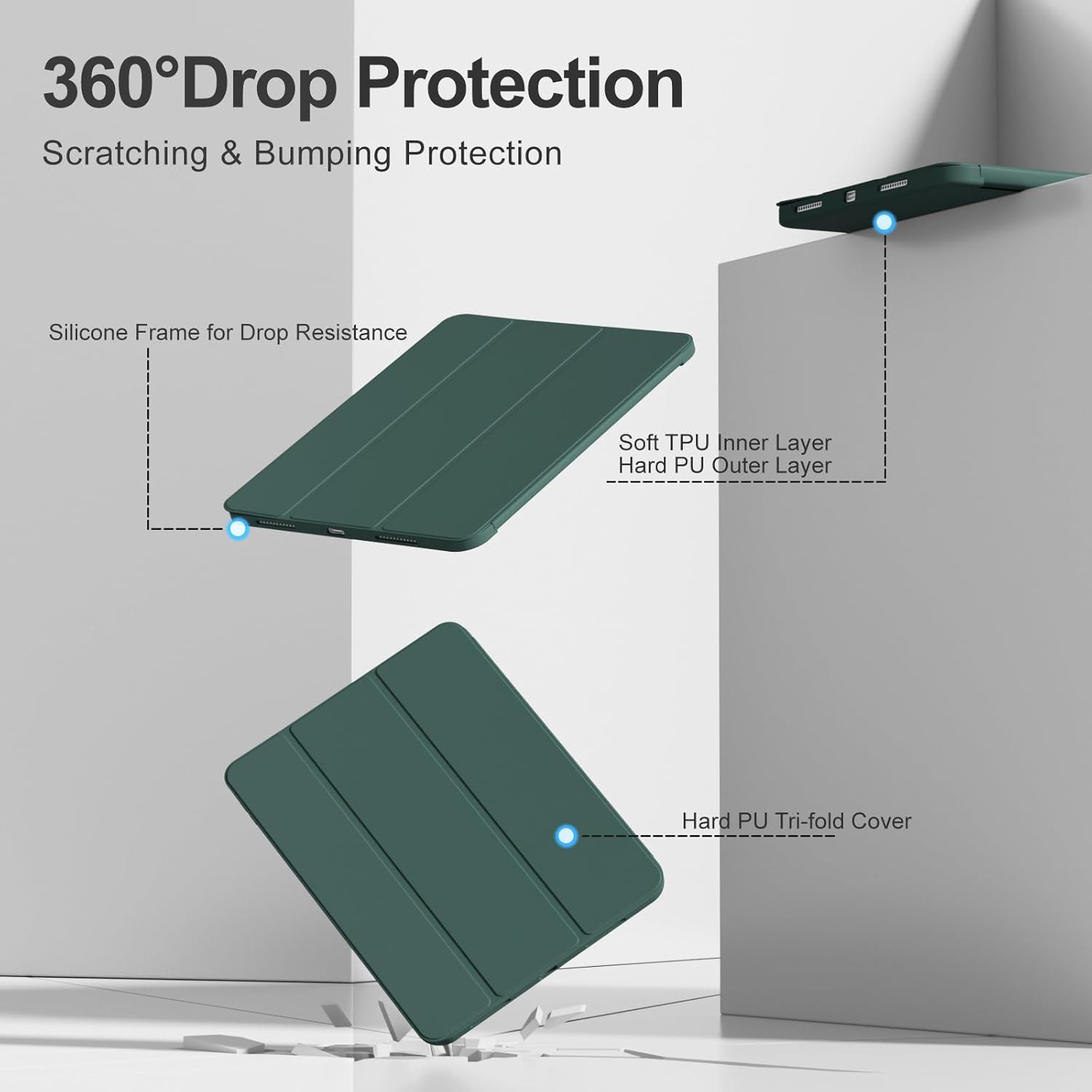for iPad (A16) 11th Generation Case 11 Inch 2025, for iPad 10th Generation Case 10.9 Inch 2022 with Pencil Holder, Smart Trifold Stand Slim Protective Cover, Auto Wake/Sleep, Dark Green
