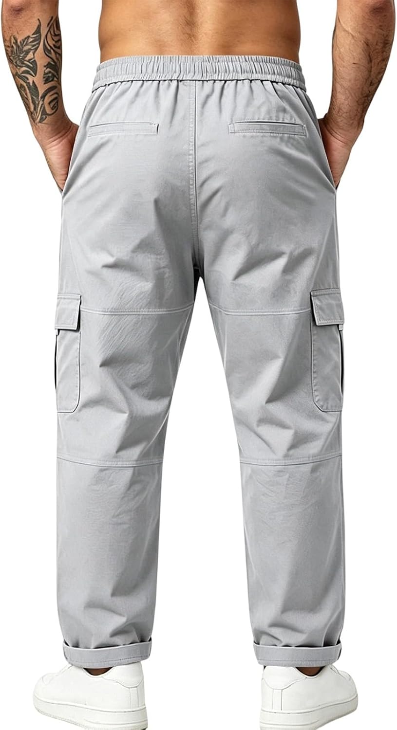 Men Elastic Drawstring Cargo Pants Straight Fit Loose Work Trousers | Soft Wrinkle Resistant,Multiple Pockets,Sturdy Stitching,Solid Color,Ideal for Daily Work,Casual Outings,Street Style,Travel