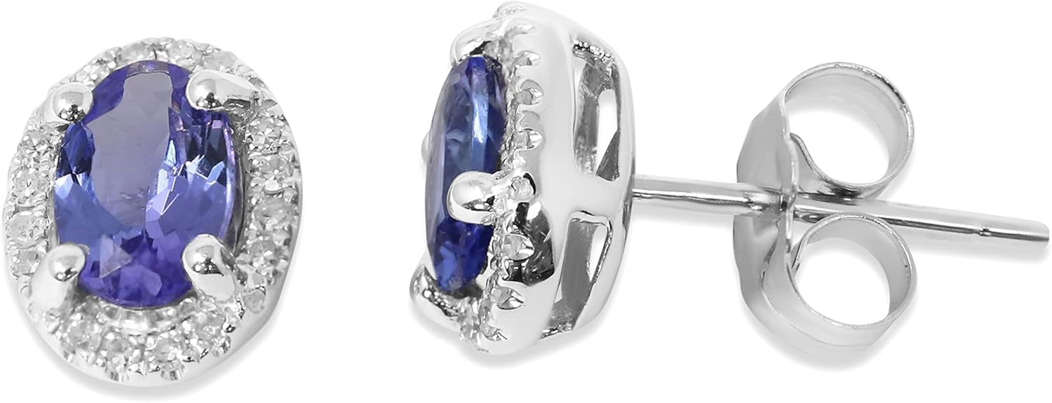 14K White Gold Genuine Tanzanite 3/4 Ct Oval Stud Earrings with Diamonds - Image 2