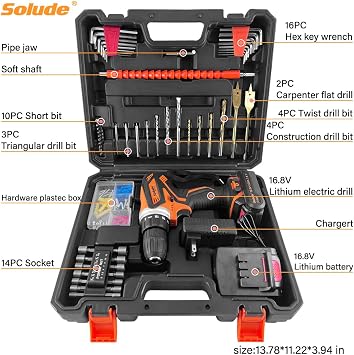 Tool Set with Drill,16.8V Max Cordless Drill Kit with 2 Pack 3000mAh Li-ion Battery,3/8 Inch Keyless Chuck,Variable Speed,18+1 Position,for Home Repair and DIY Projects
