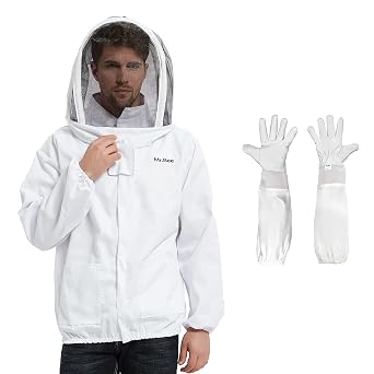 Premium Beekeeping Suit Jacket with Removable Fencing Veil Hood, Beekeeper Goatskin Gloves for Professional Beekeepers XXL