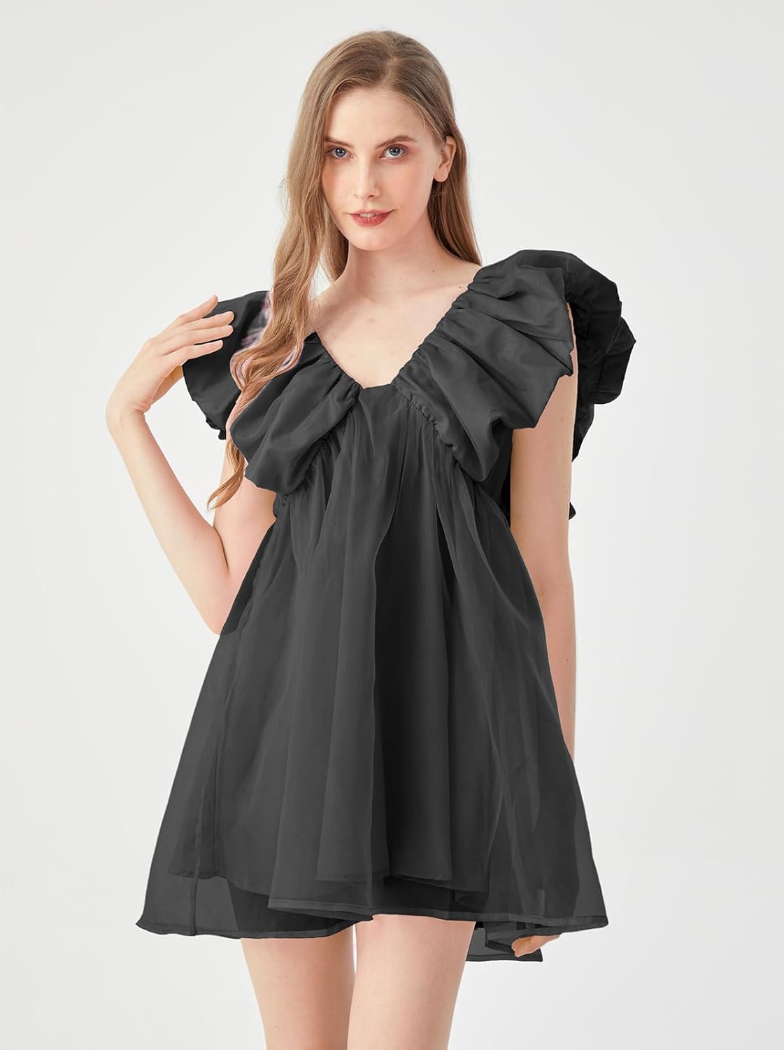 Women's Mini Dress V-Neck Short Sleeve Flared Tulle Party Dress (Black, Purple, Pink, S-L) - Image 2