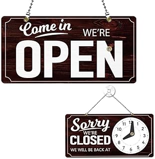 PLIGREAT Vintage Wood Open Closed Sign Double Sided Open Sign with Clock We Are Opened Signs for Business Retail Store Window Wall Decor Hanging Door Signs with Chain, Wood Board Texture