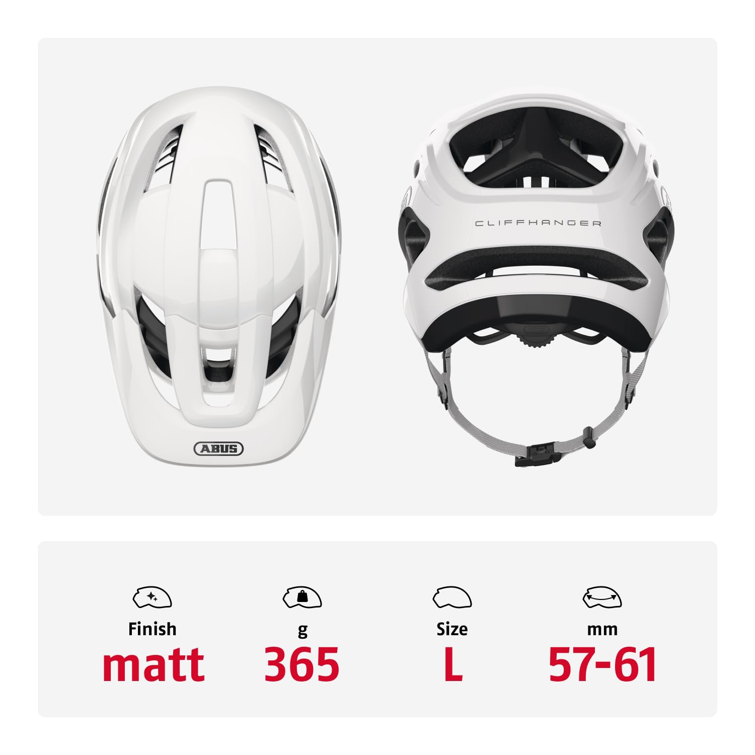 ABUS Cliffhanger Casco MTB de Bicicleta, Alpine White, L | Casco de montaña para singletrail y enduro, cierre magnético, visera regulable, almohadillas lavables