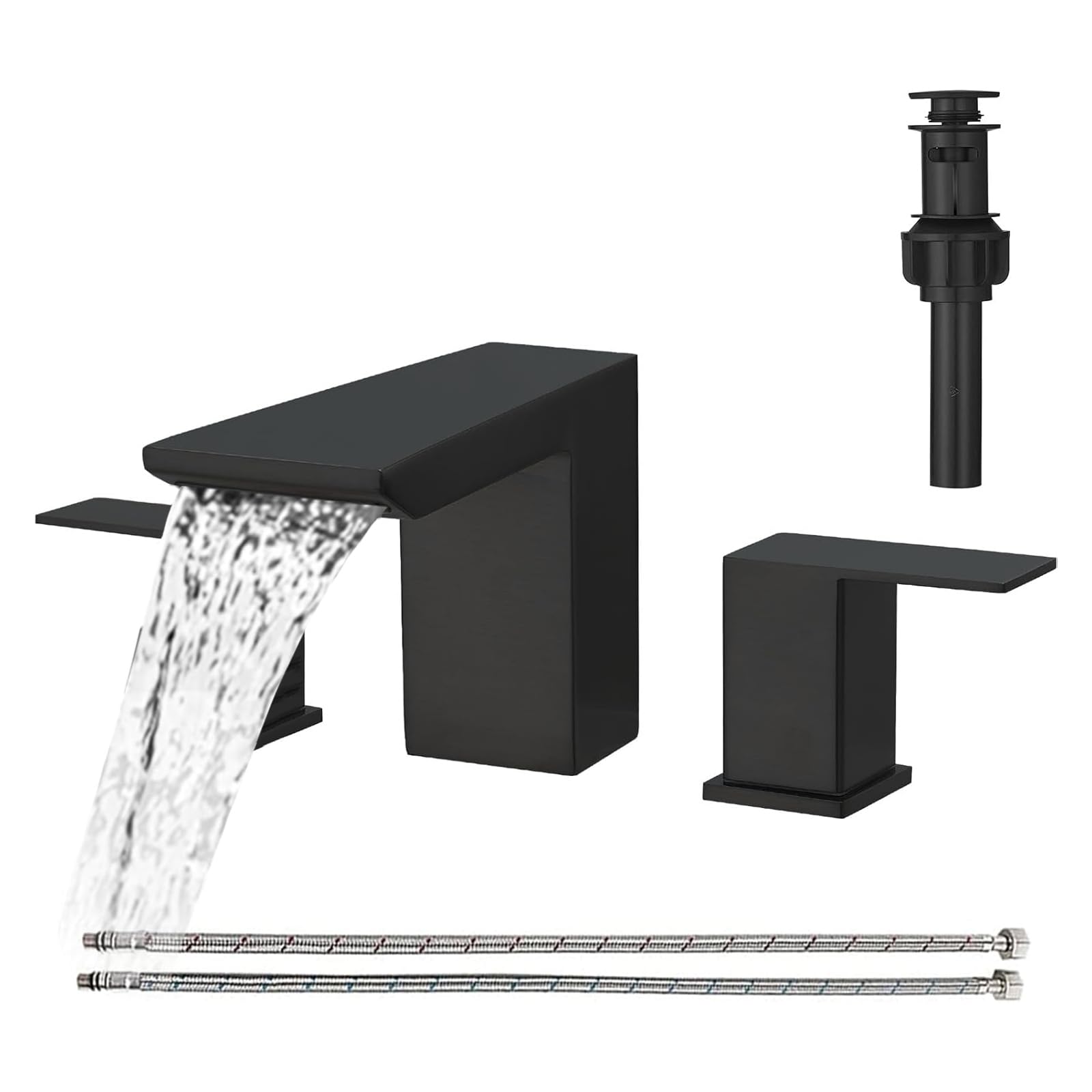 BESy Matte Black Bathroom Faucet 3 Holes Two Handles Vanity Widespread 8 Inch Bathroom Sink Faucet, Waterfall Bathroom Sink Faucet with cUPC Supply Hoses, Pop Up Drain, Stainless Steel
