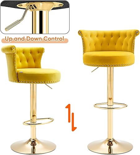 Miniatura 8 de Taburetes de bar giratorios modernos, taburetes de bar ajustables de altura de mostrador dorados con respaldo, sillas de bar tapizadas de terciopelo