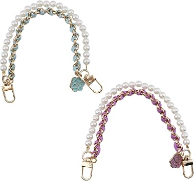 Pearl Purse Chain Extender, 10.2" Gold Metal with Flower Chain | Handbag Crossbody Bag Replacement Charms Accessories for Women, 2 Pcs Blue and Purple
