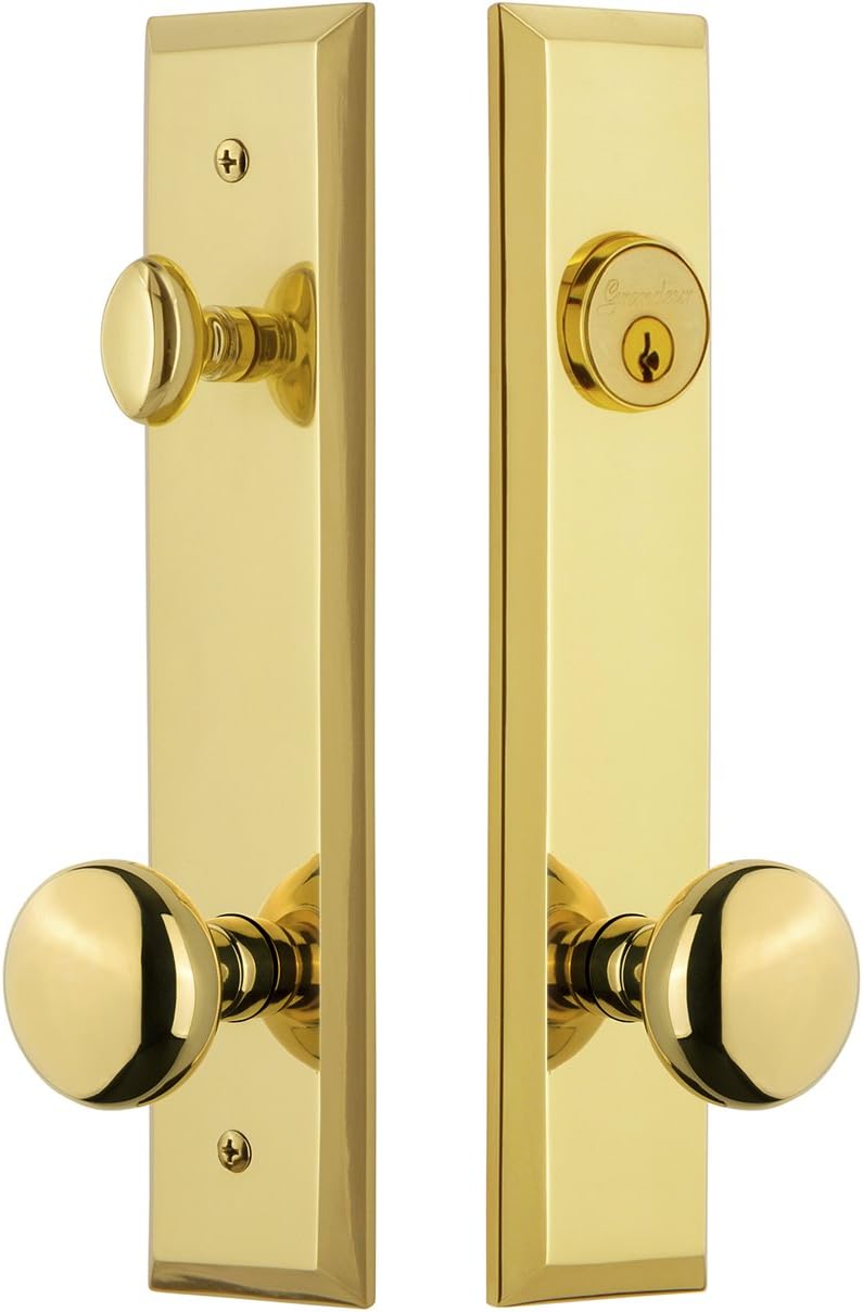 Grandeur Hardware 840725 Fifth Avenue Tall Plate Complete Entry Set with Fifth Avenue Knob, Backset Size - 2.375", Lifetime Brass