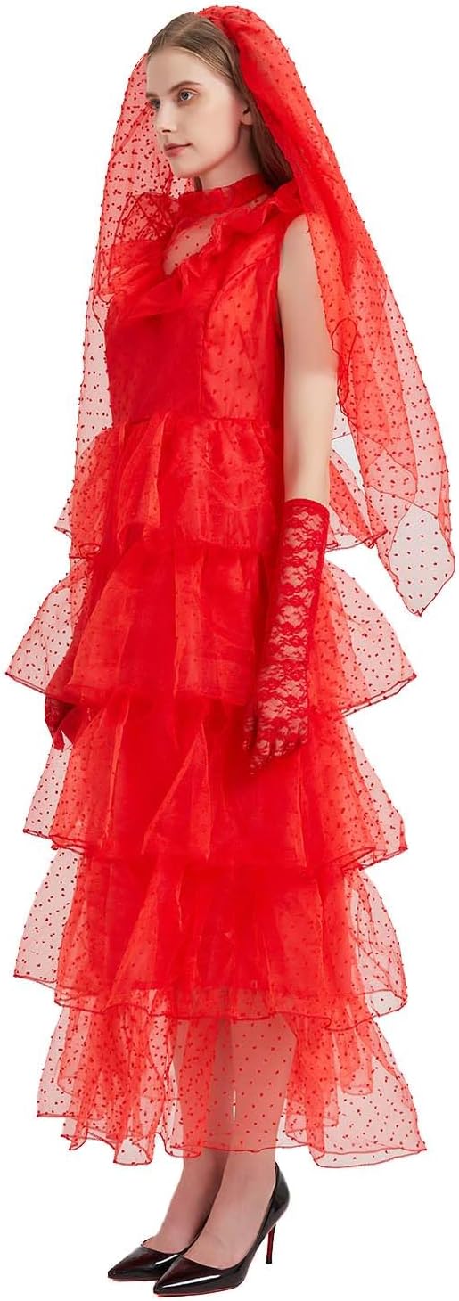 Lukvuzo Women's Bride Halloween Costume, Lydia Gothic Red Wedding Dress Cosplay with Veils and Mesh Gloves