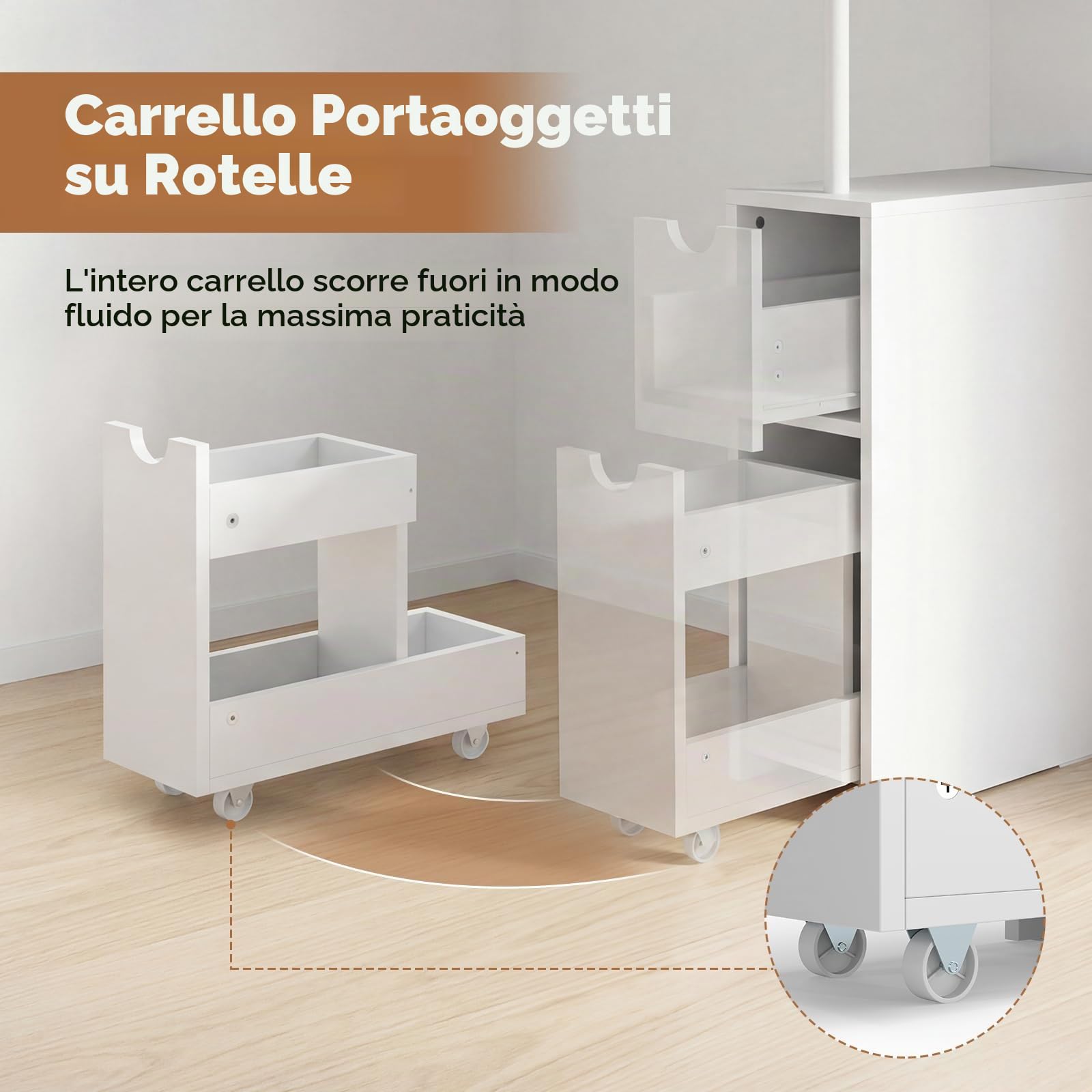 LIFEZEAL Mobile Bagno Salvaspazio Alto e Stretto, Colonna Bagno da Terra con Ripiani Aperti e Cassetti su Ruote, Organizer Armadio per Soggiorno e Cucina, Bianco, 45 × 20 × 114 cm