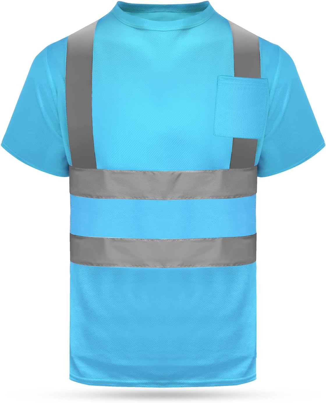 HYCOPROT High Vis Reflective T Shirt Short Sleeve Safety Mesh Quick Dry Shirts (Sky Blue-Pocket, Medium)