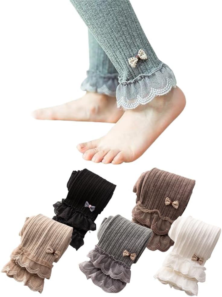 Pack of 5 Little Girls Cable Knit Footless Tights Ankle Bow Lace Trim Ruffle Leggings Cotton Long Pants Stockings