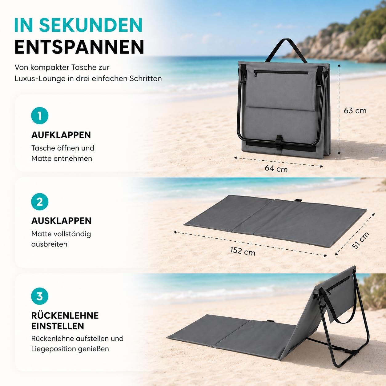 Intimo Living 2er Set Strandliege klappbar leicht – Bequeme Strandmatte mit Rückenlehne – Strandliege faltbar leicht mit Tasche – Verstellbarer Liegestuhl für Strand & Freibad (Grau, 152x51cm)