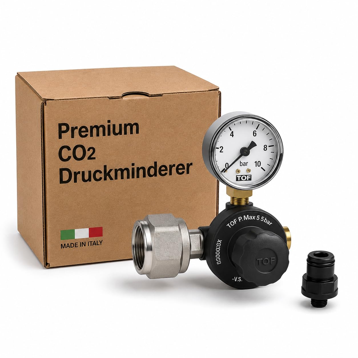 Riduttore di pressione CO2 per bottiglie riutilizzabili fino a 5,5 bar, UE con attacco W21,8 x 1/14" + connettore tubo 6 connettori per impianti di irrigazione, adatto anche per uso acquario