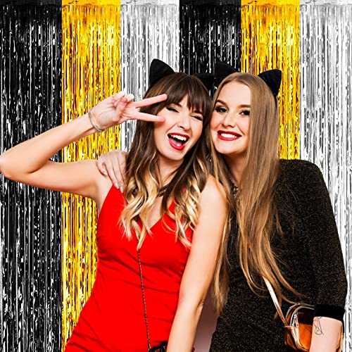 Image of 4 Pack Black Gold Silver Foil Fringe Curtain Backdrop, 3.28Ft x 8.2Ft Metallic Tinsel Foil Fringe Streamers for Photo Booth, Wedding, Notorious One Birthday Roaring 20s Graduation Party Decoration