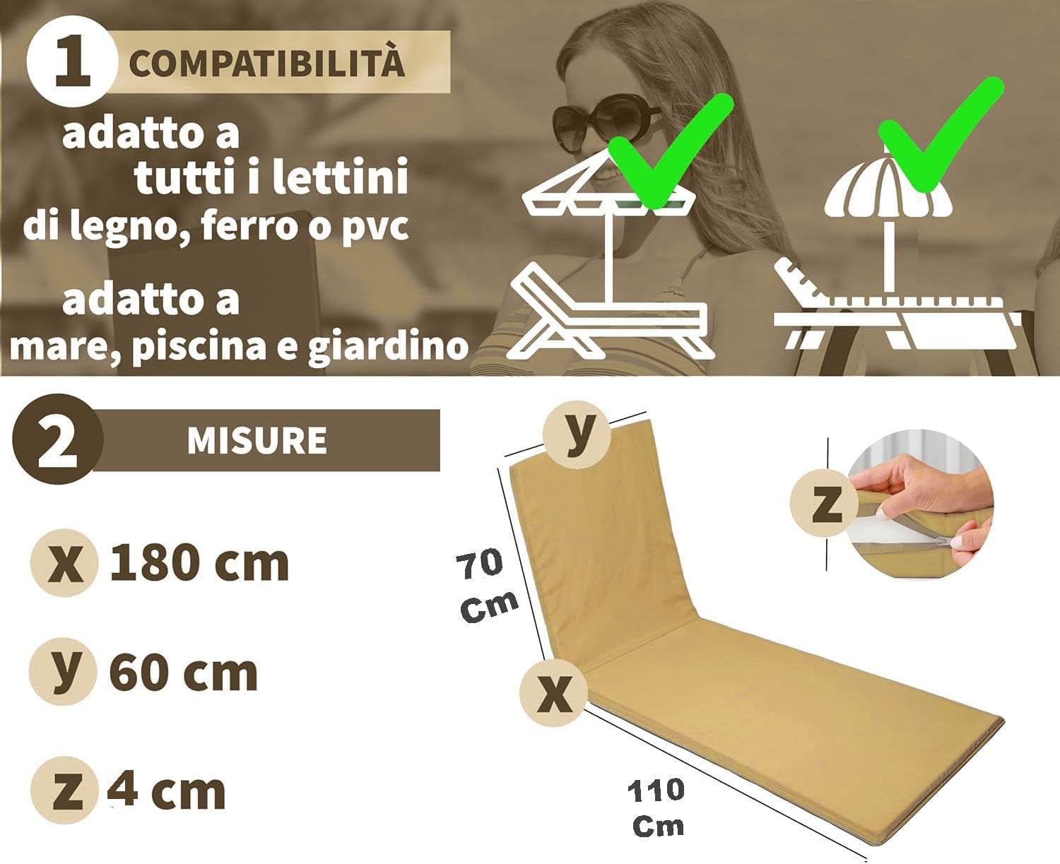 HAND - Materassino per Lettino Prendisole Sfoderabile - Cuscino Lettino Prendisole (Tortora)