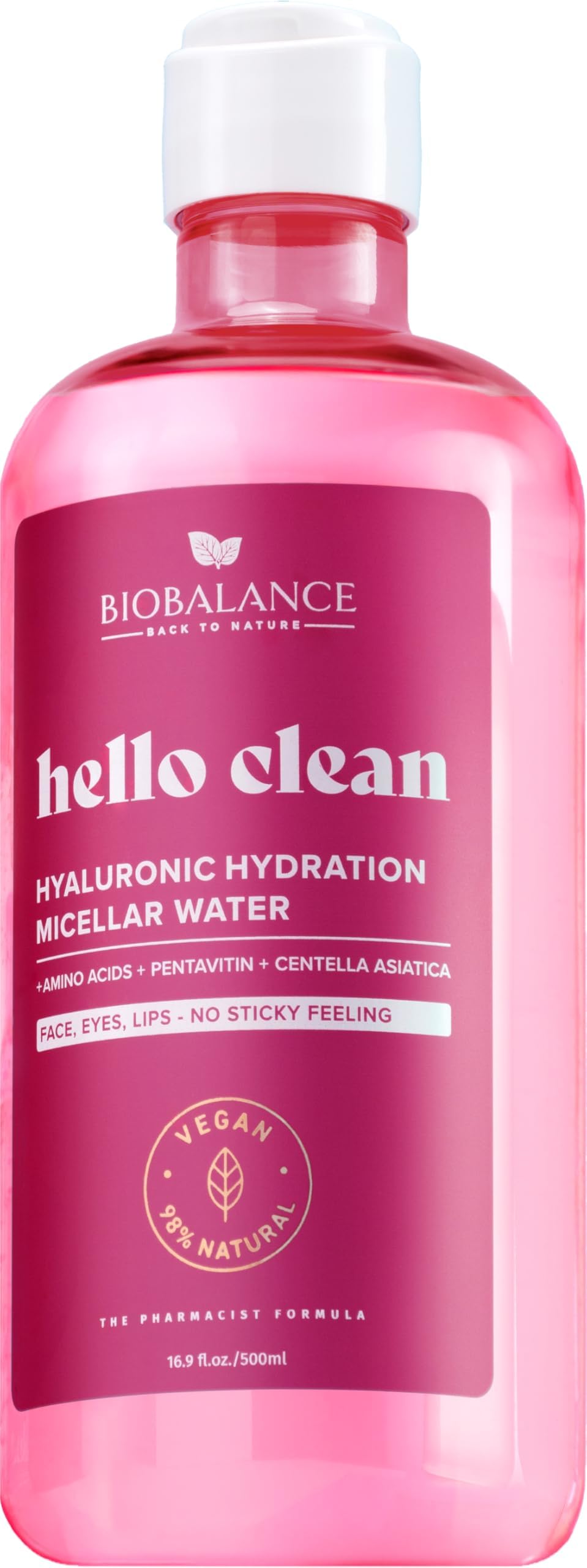 BioBalance Hello Clean Hyaluronic Hydration Micellar Water | 500ml | Gentle Face Cleanser | Locks in Moisture | Deeply Hydrating | Dry Skin Cleanser | For Dry, Tight, or Dehydrated Skin