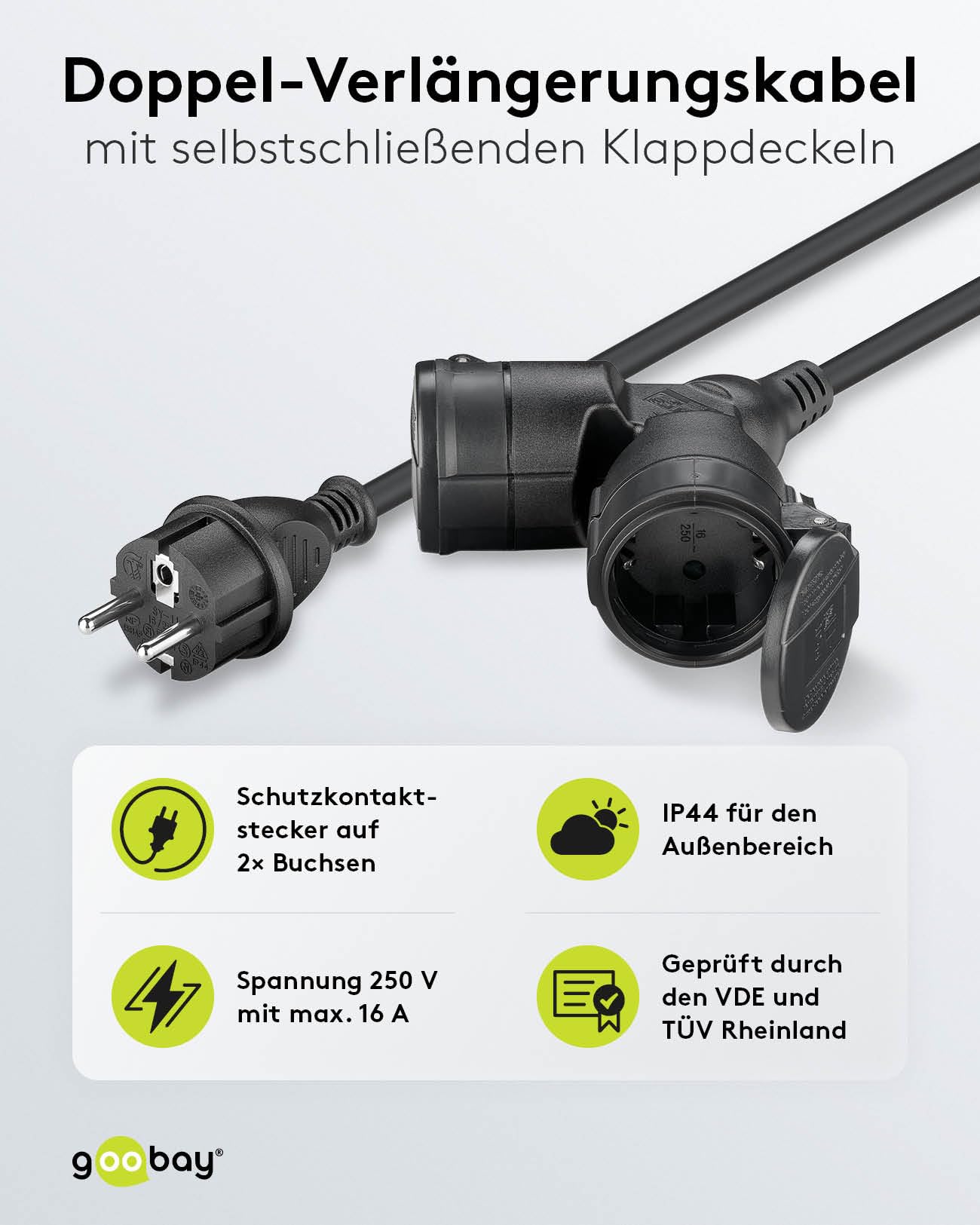 goobay 65436 Outdoor Doppel - Verlängerungskabel/Stromkabel für den Außenbereich / 2 Schuko - Steckdosen mit Schutzklappen (IP44) / 3680 W bei 250 V (AC) und 16 A / 25m