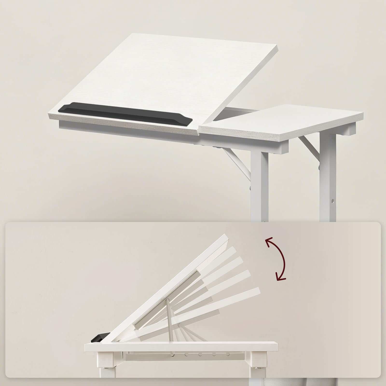 MAHANCRIS Tavolino da Letto Mobile con Altezza e Inclinazione Regolabili, Supporto PC con Ruote e Tasche Laterali, Tavolino da Divano con Vassoio per Colazione e Lettura, Bianco AMTWT6001