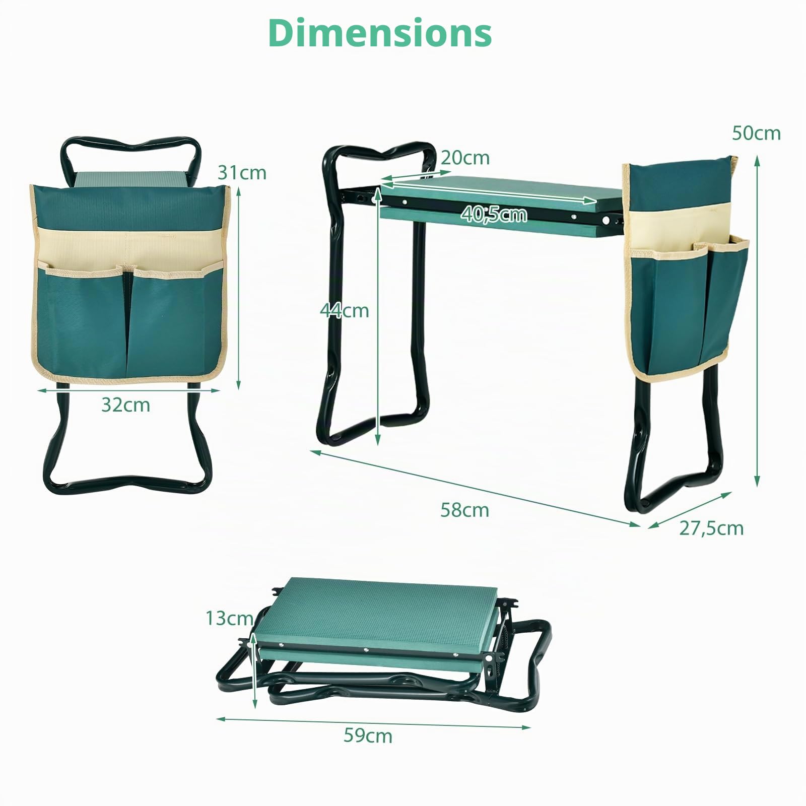 SOARS Tabouret de Jardinage 2 en 1 Pliable, Banc Agenouilloir de Jardin avec Sacs à Outils, Siège de Jardin avec Coussin Epais Mou en Mousse pour Les Genoux Eve Max. 150kg (avec 2 Sacs)