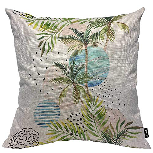 Hosnye Palm Tree Leaf Cotton Linen Throw Pillow Case Summer Retro Vintage 80S - 90S Pillow Cushion Covers Home Sofa Decorative 18 X 18 Inch #TOP23