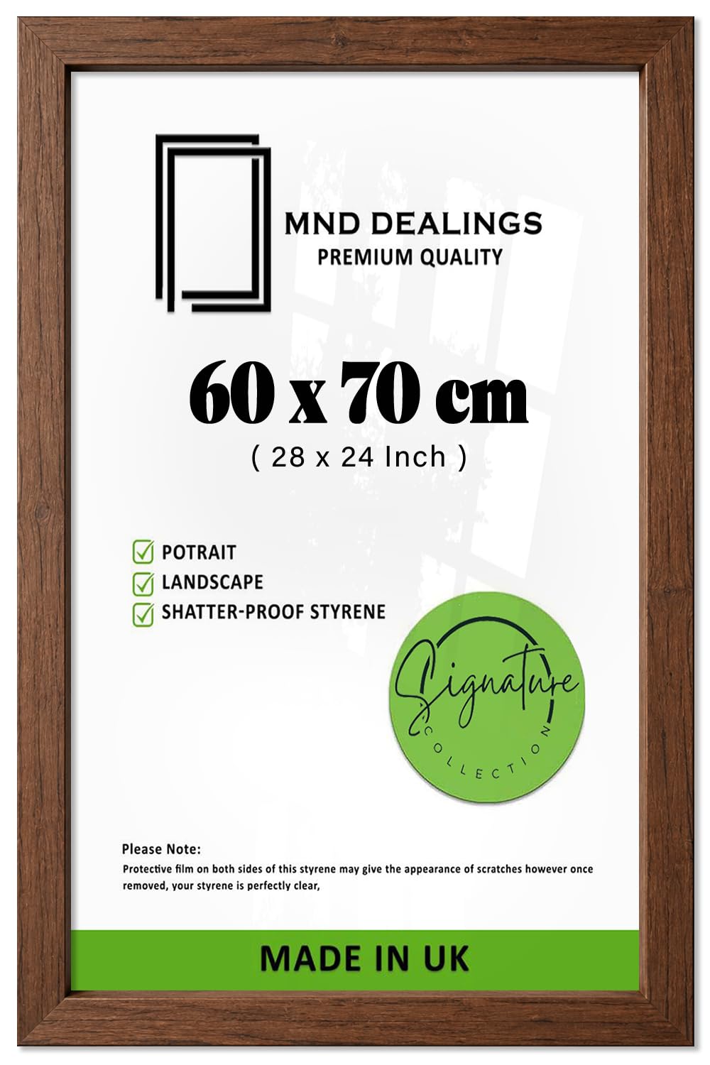 MND Dealings — Classic Rectangle Poster Frame (60 X 70 CM | 28 X 24 Inch) — Walnut Solid MDF Wall Frame For Photos Or Artwork With Sleek Profile And Easy Mounting Hardware — Ideal For Home Walls
