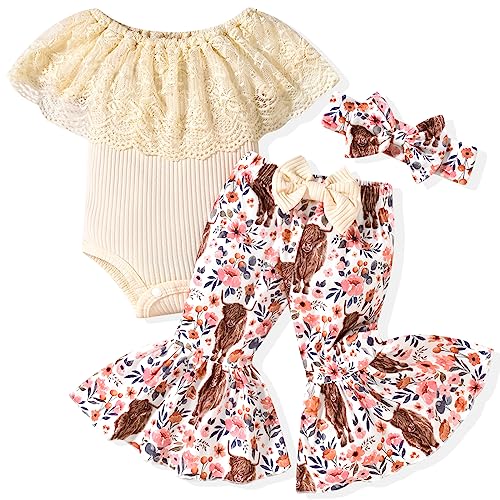 Image of HINTINA Newborn Baby Girl Short Sleeve Bodysuit Flared Pants Ribbed Outfits