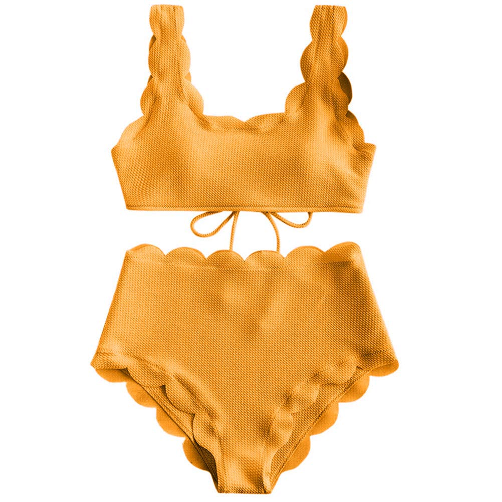 TSWRK Women's High Waist Bikini Vintage Scalloped Trim Two Piece Swimsuit(Size L) Mustard