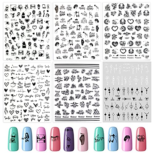 6 PCS Nail Art Stickers Decals, EUUPS Nail Stickers Self-Adhesive Black Retro Nail Design Stickers for Acrylic Nail Supplies, Leaves Flower Nail Accessories for Women Girls Fingernail Decorations