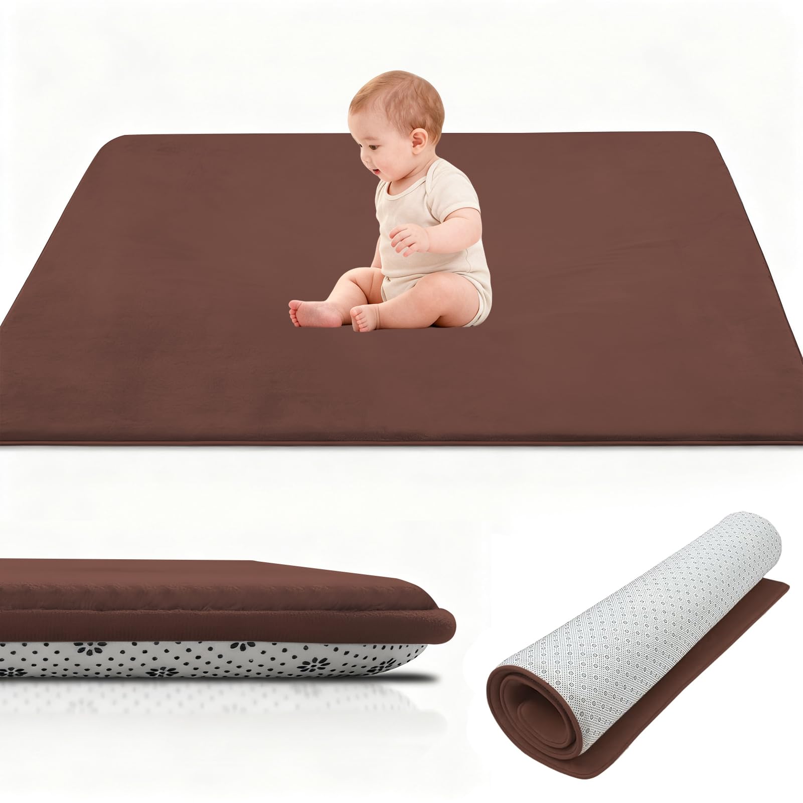 Stqyeiw Coral Velvet Thick Baby Play Mat, 2cm Memory Foam Rug, Baby Crawl Mat, Large Baby Activity Play Mat, Non Slip Children's Floor Tatami Rugs 180 x 320 cm Brown