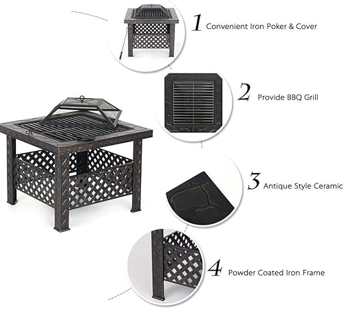 Miniatura 4 de Fogata al aire libre con estante de parrilla de barbacoa, chimenea de jardín de metal, estufa de fogata, brasero al aire libre, parrilla de