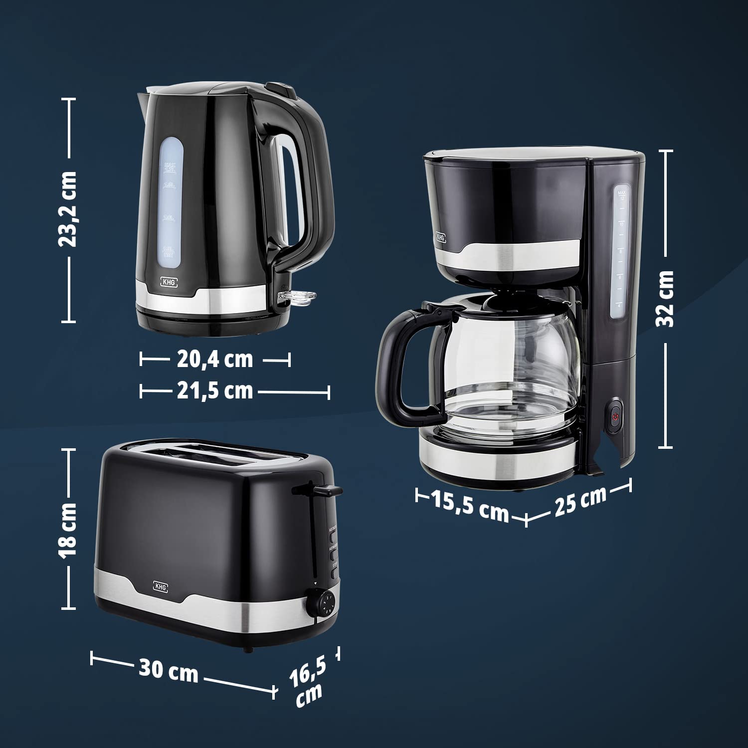 KHG Frühstücksset Kaffeemaschine Toaster Wasserkocher 3-teilig schwarz 1000 850 2200 Watt 1,7 Liter 2 Scheiben 12 Tassen