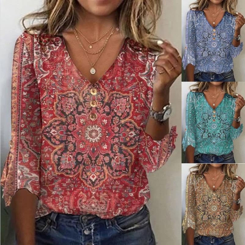 Women's Boho Ruffle 3/4 Sleeve Shirt Dressy Casual Floral Print V Neck Blouse Plus Size Vintage Ethnic Print Shirts Top3