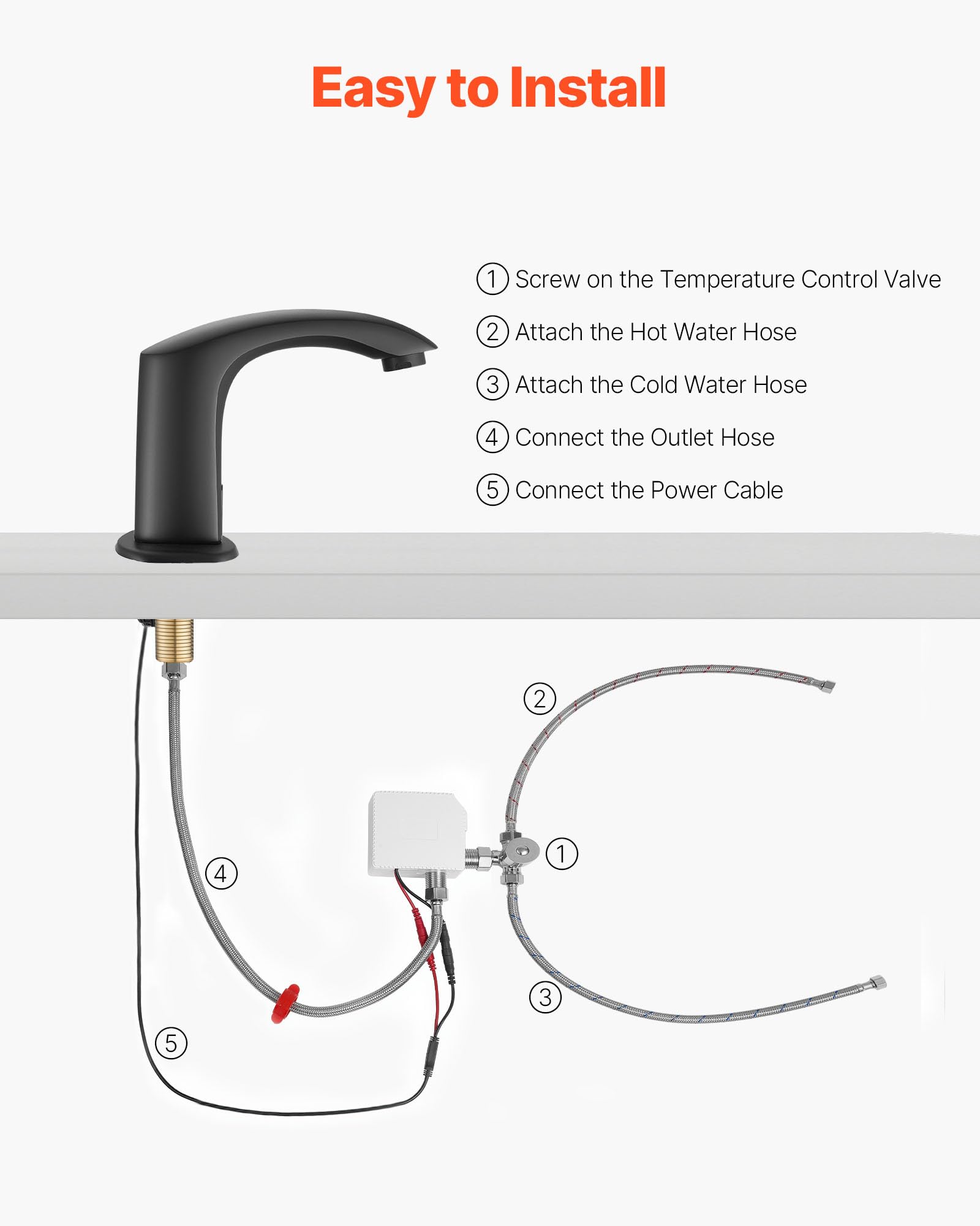 VEVOR Grifo de Lavabo sin Contacto, Grifo Automático para Baño, Alta Resistencia al Agua, con Sensor Manos Libres y Ajustable, Agua Fría/Caliente, a Pilas, Negro Mate, 160 x 45 x 130 mm, 7,6 L/min