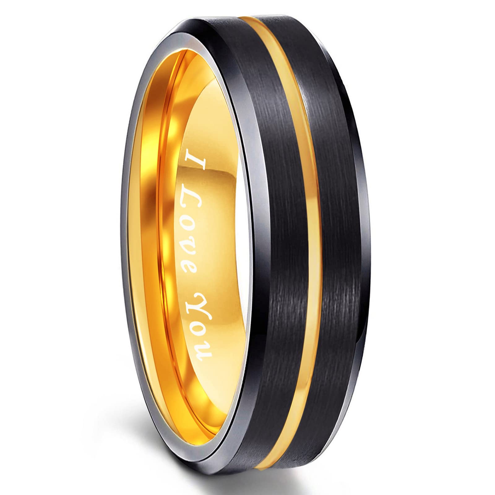 Greenpod Mens Tungsten Ring Wedding Band 6mm 8mm 10mm Engraved I Love You Thin Blue/Black Centre Groove Comfort Fit Size 6-17