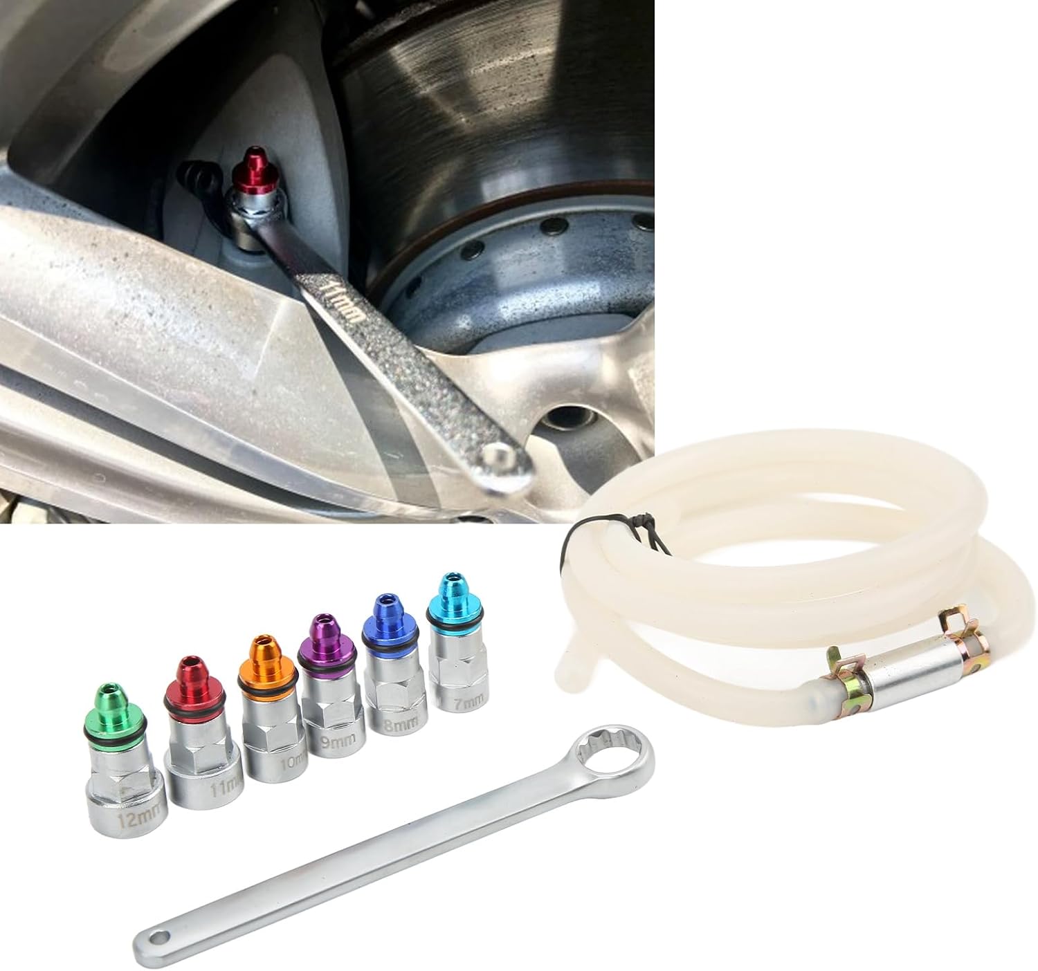 Brake Bleeder Wrench Kit with 6 Adapters, Metal Rubber, Universal for Car SUV Light Truck Motorcycle, 7-12mm, Check Valve & Brake Fluid, Air Elimination, No Wheel Removal or