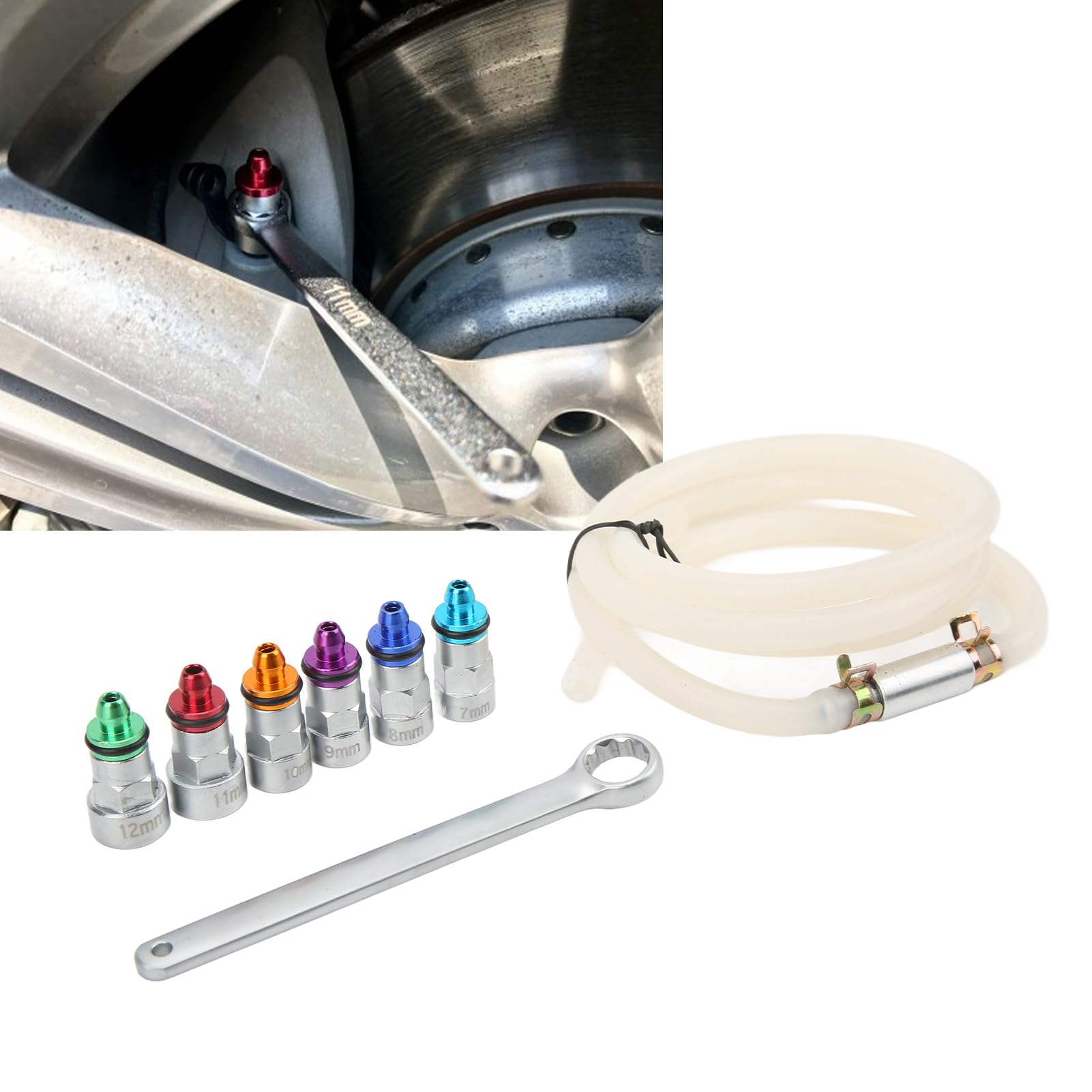 Haofy Kit de Llave de Purga de Frenos, Herramientas de Purga del de Frenos, 6 Adaptadores de 7 Mm a 12 Mm, Mantenimiento Rápido del Líquido de para Automóviles, SUV, Motocicletas, Kit de Llave de