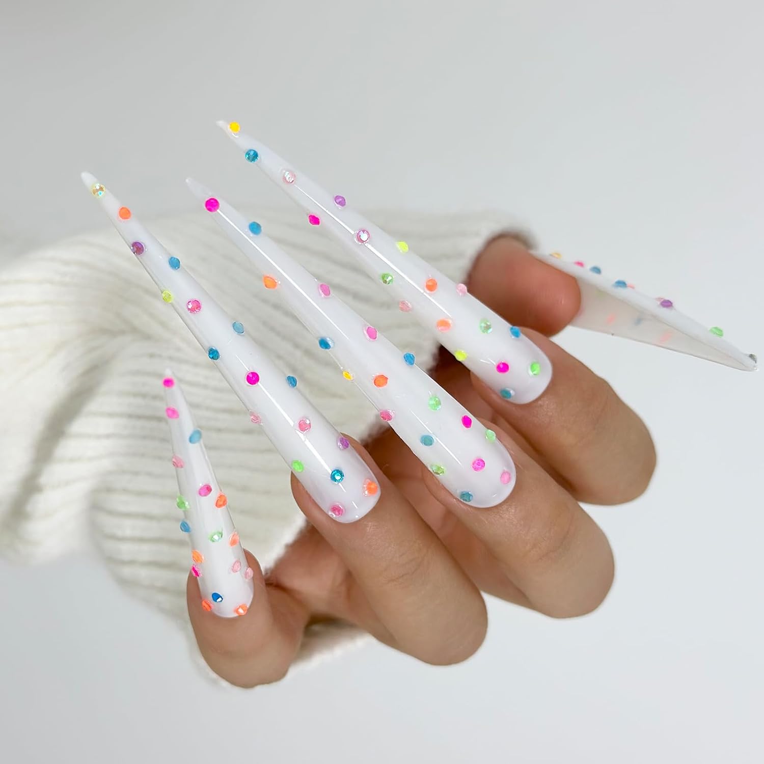 Fluorescent Gel Nail Extra Long pointy 10cm XXXL Coffin Press on Nails Fake Nails Stick on Nails with Nail Glue Nail Adhesive Tabs Acrylic False Nail Tips Kit 10 Sizes (Fluorescent-S)