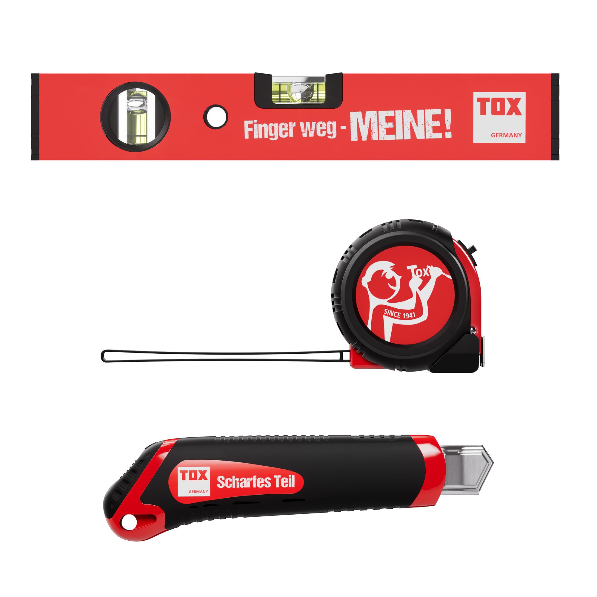TOX Werkzeug-Set mit Cuttermesser, 5m Rollmaßband und 30 cm Wasserwaage mit Aufdruck, Teppichmesser (2 Ersatzklingen) und Maßband in schlagfestem ABS-Gehäuse, jeweils 1 Stück, 09790903