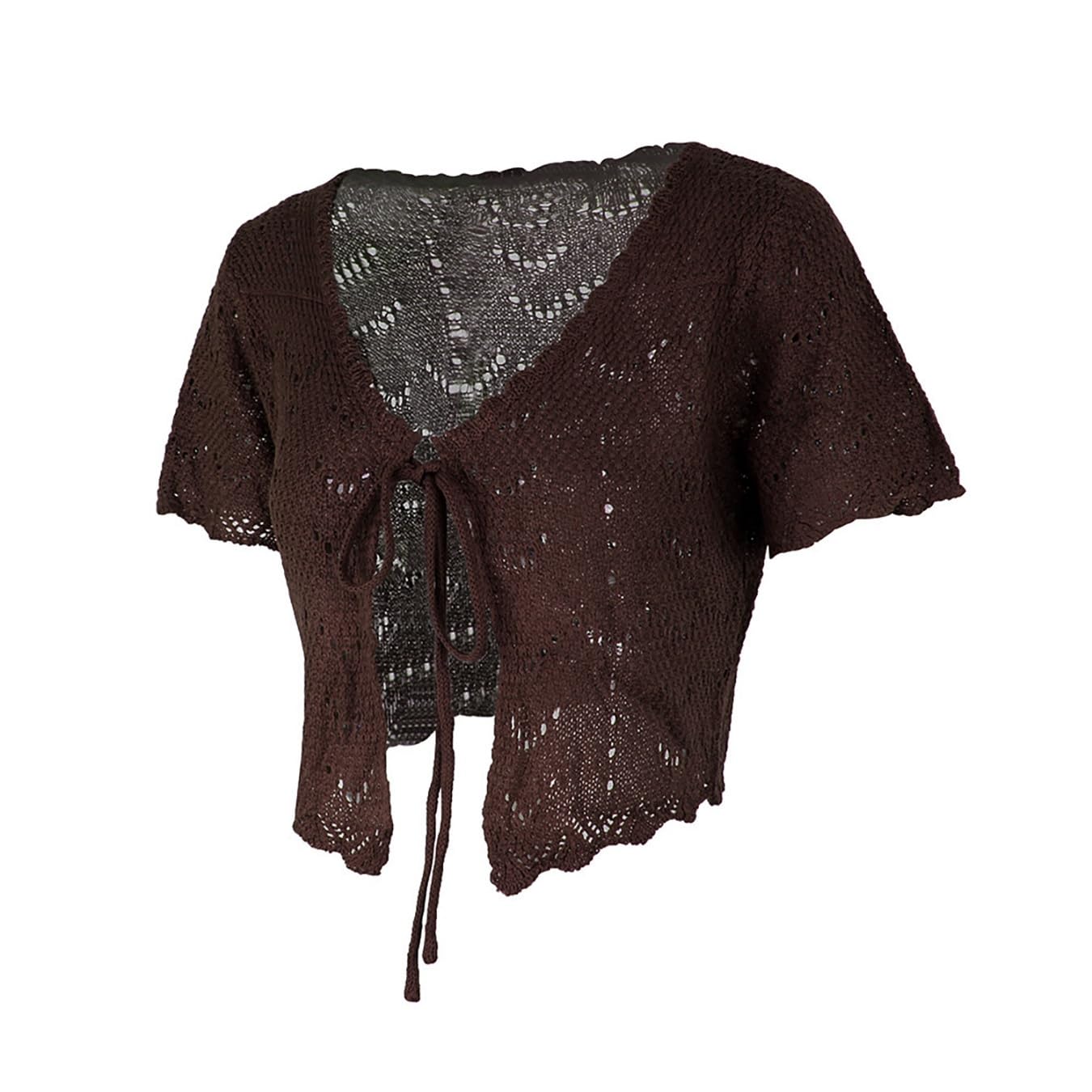 LIUYUYOUGO Womens Crochet Knitted Short Sleeve Shrug Cardigan Bolero Top V-Neck Tie Front Knit Shirts Lightweight Sweater Crochet Cropped Tops Casual Hollow Beach Coverup Coffee M