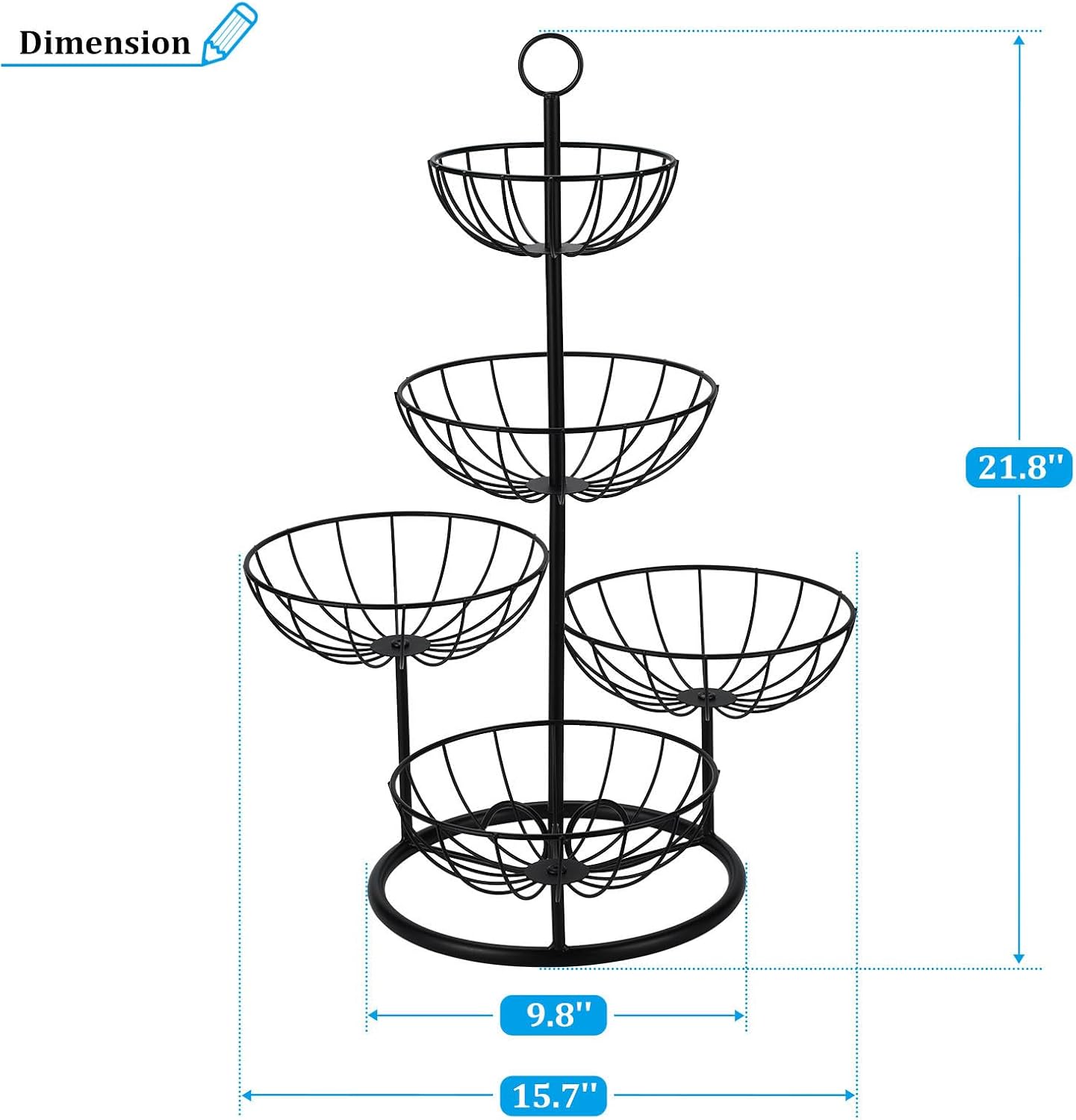 IBWell Large 5 Tier Fruit Basket for Kitchen Basket for Bread Snack Fruit Vegetable Black Counter Organizer and Storage Bread Holder