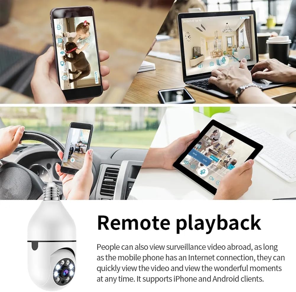 WiFi Home Security Camera Bulb Shape Cam with Phone App Motion Detection Night Vision Remote View Baby Monitor Pet Dog Camera Indoor Use