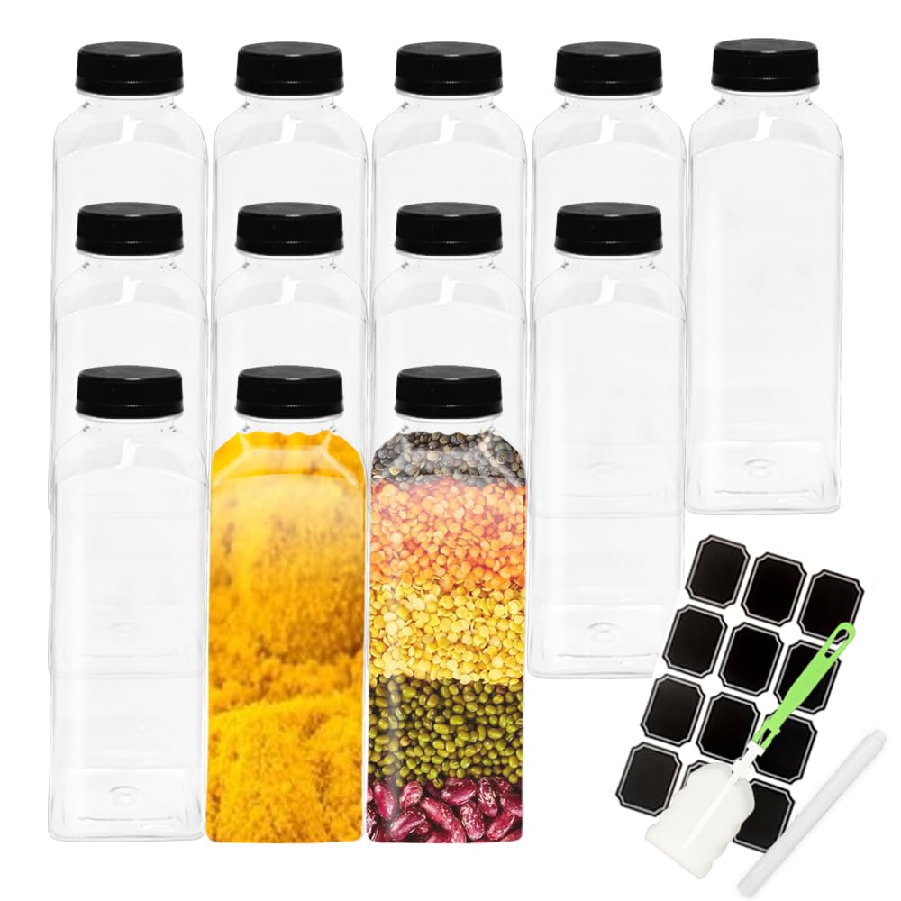 Lot de 12 bouteilles de jus en plastique avec couvercles noirs, réutilisables pour stocker jus, lait, smoothie et autres boissons faites maison 500 ml