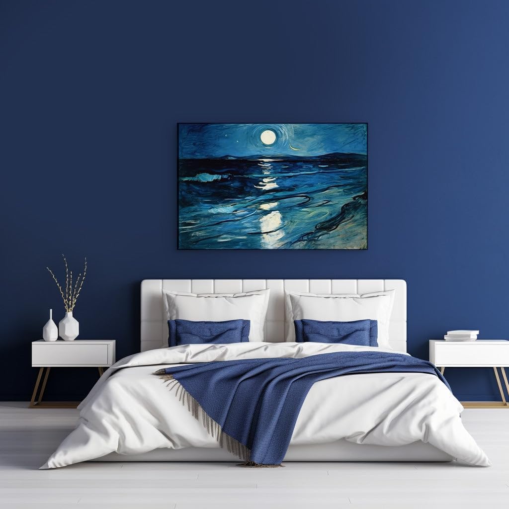 Canvas for Living room. Moonlit Majesty of the Agitated Sea - A Symphony in Blue and White, 27 x 18 inch Canvas Wall Art - Beach Sunsets And Sunrises - Modern Home Decor - 69x46 cm (27x18 inch)
