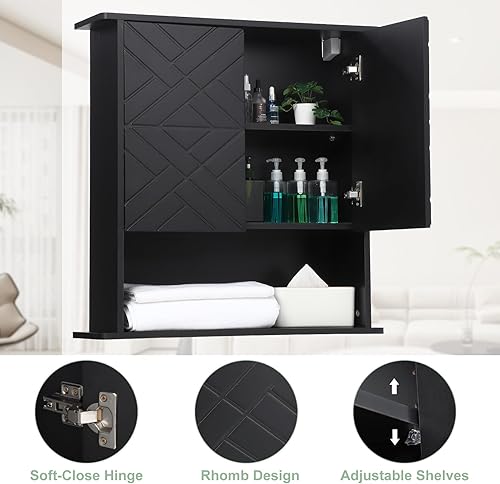 Miniatura 4 de GAOMON Botiquín con dos puertas, armario de almacenamiento de madera para baño montado en la pared con estante ajustable y toallero, gabinete de 2