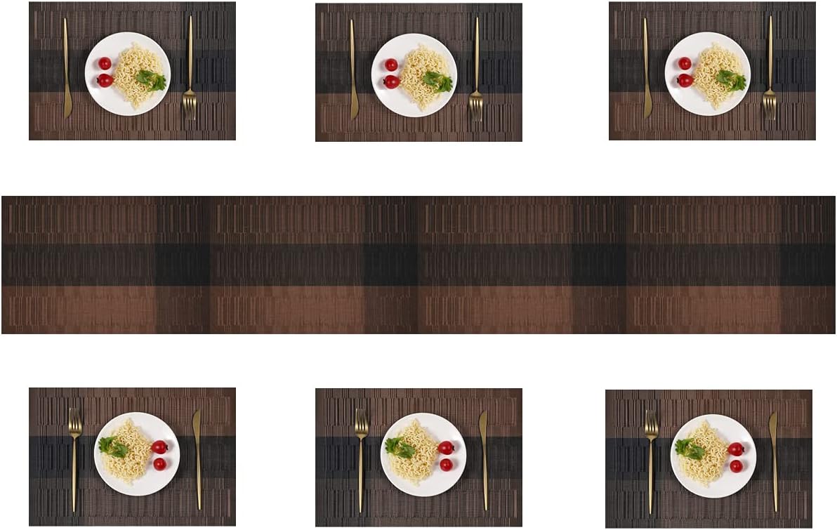 CoYcxle 6 Placemats with Matching Table Runner, Heat Resistant Vinyl Placemats Washable PVC Table Runner for Home Kitchen, Dining Room, Restaurant(Brown)