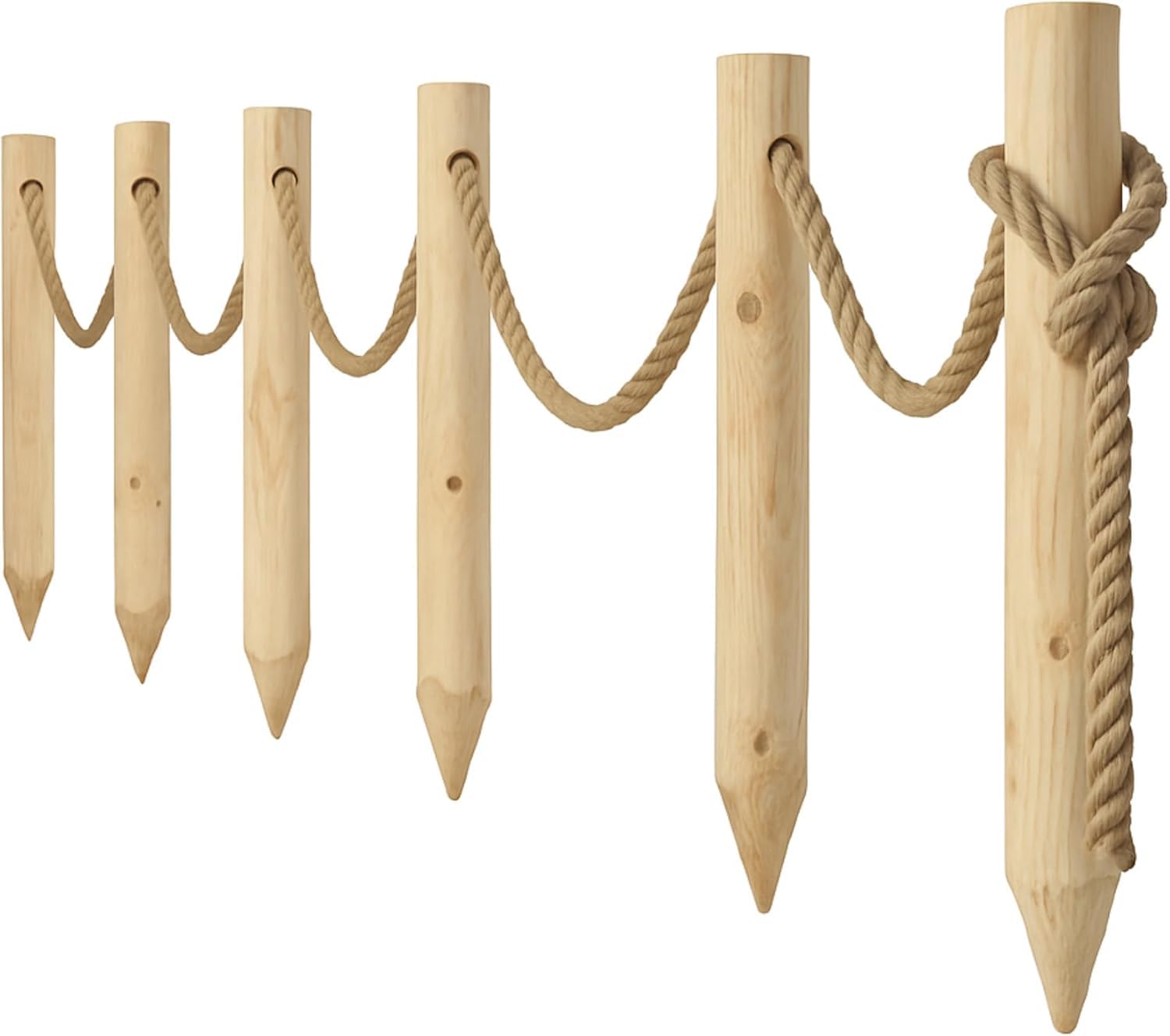 Recinzione In Legno 6 Pali Ø8x80 cm Con Corda In Juta 12m Staccionata Da Giardino Pannelli Recinzione Legno Non Trattato
